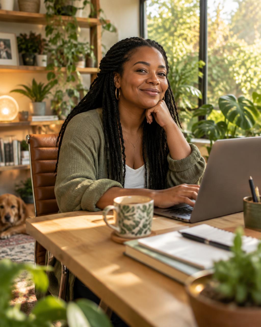 A coach working confidently at her computer in a plant-filled, nature-inspired office